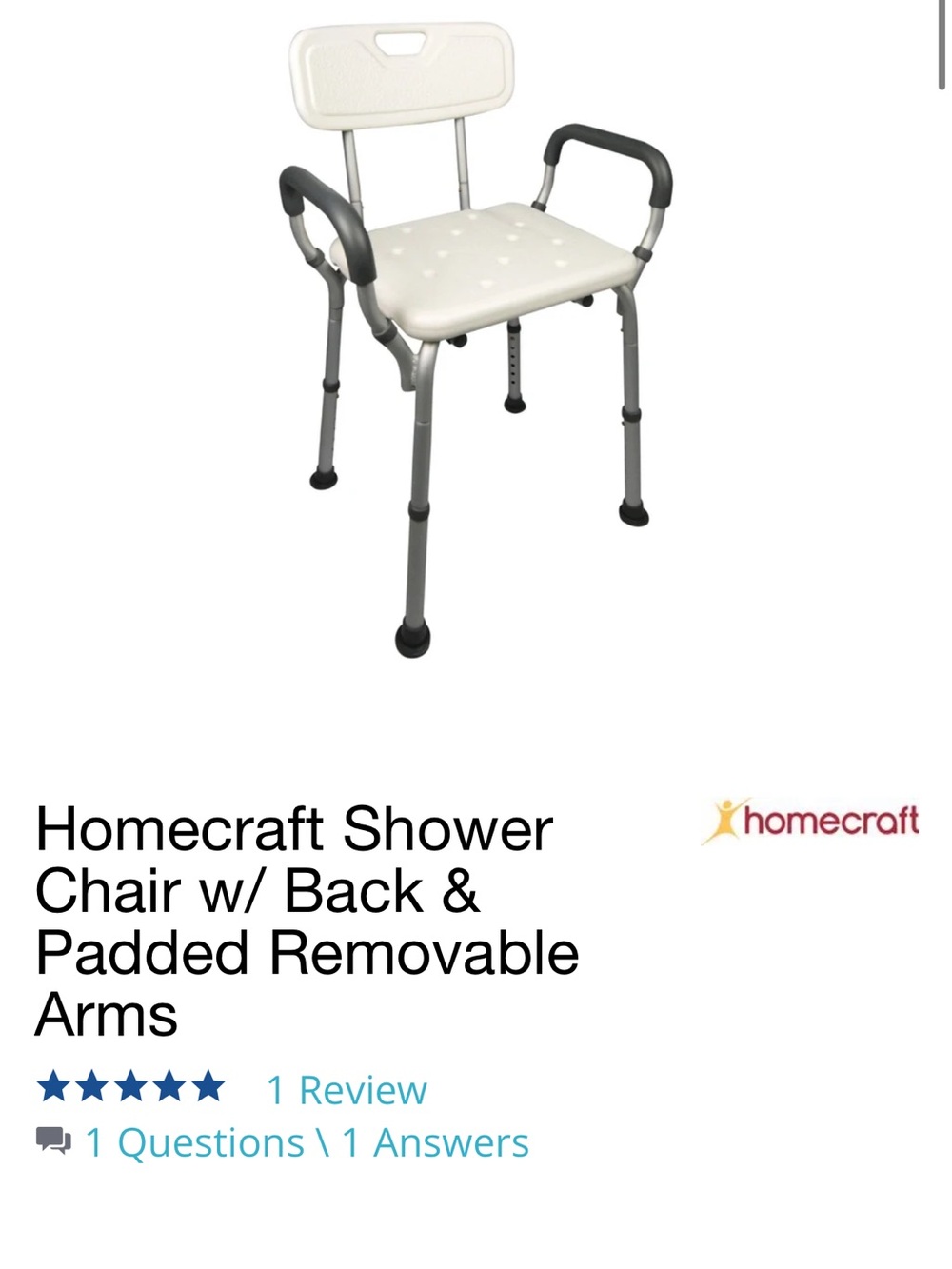 Homecraft Shower Chair w/ Back & Padded Removable Arms NIB